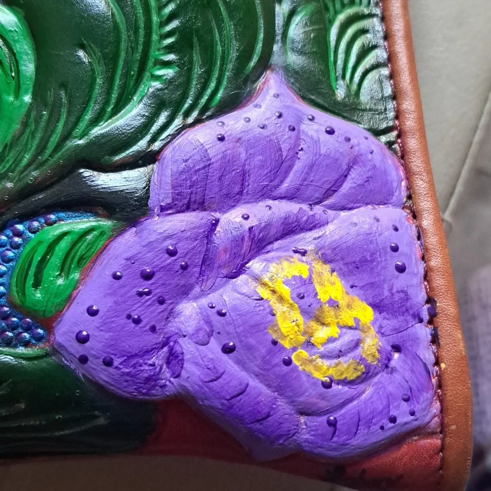 Hand Painted Floral Leather Bag Purse Vintage Zip Top Satchel - Picture 15 of 16